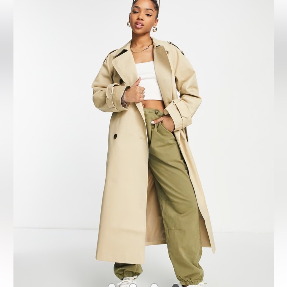 ASOS DESIGN Longline Trenchcoat in Khaki Size 8 Tall - Picture 5 of 16